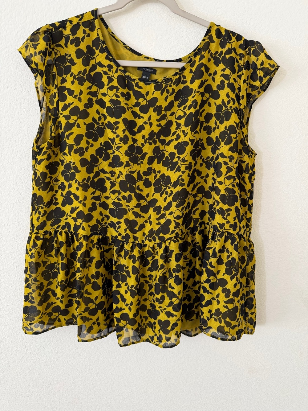 Ann Taylor Yellow and Black Floral Peplum Top